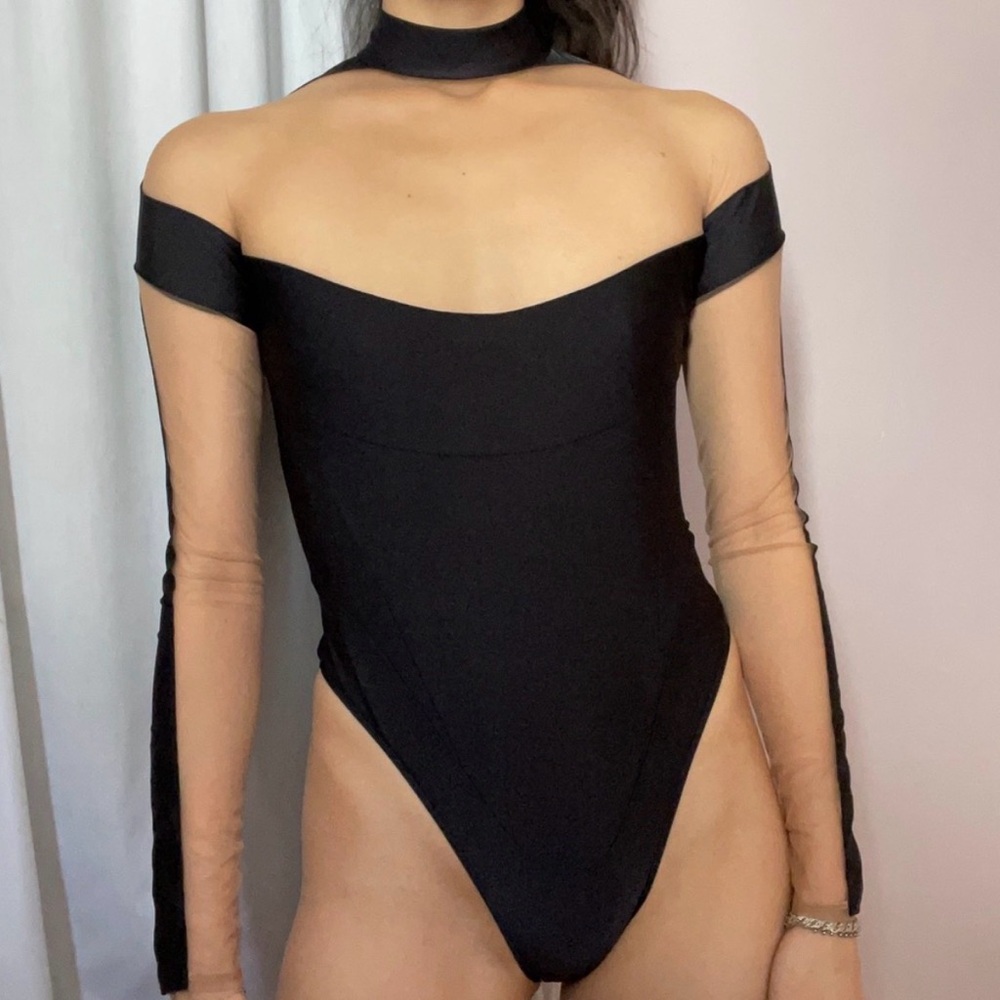 Long Sleeve Two-Tone Black and Nude sheer panel bodysuit